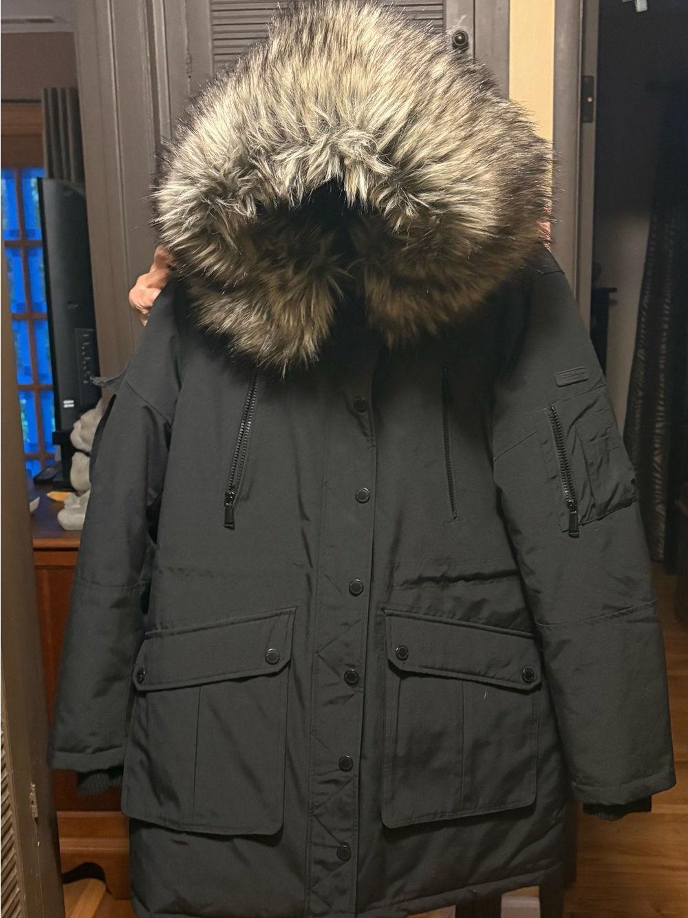 BCBGeneration Black Parka Coat with Faux Fur Hood